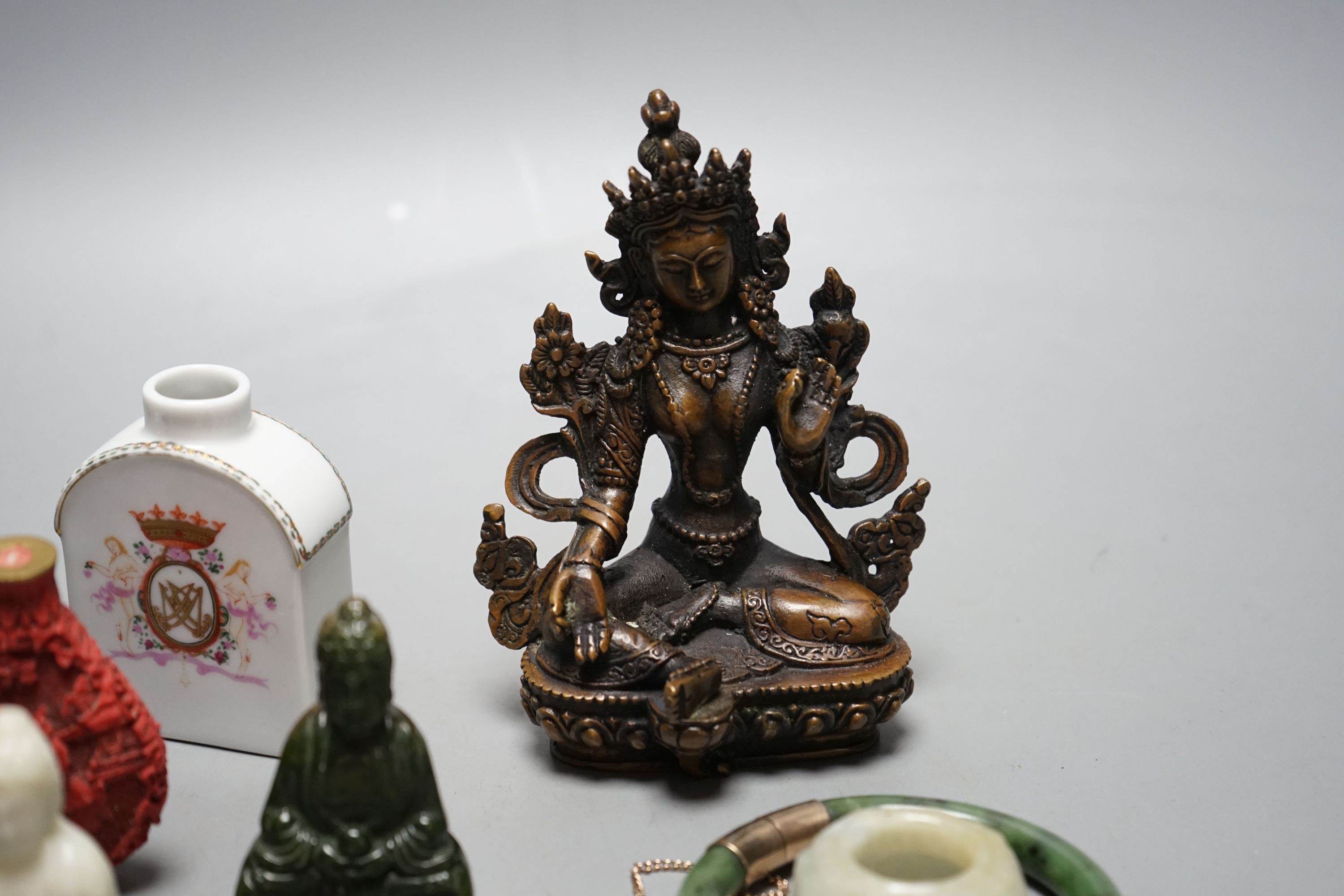 Assorted Chinese items including bronze Tibetan buddha, jades etc, Buddha 13 cms wide.